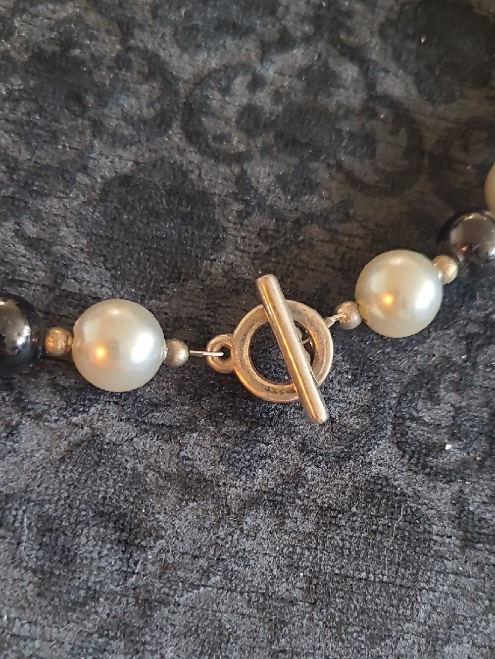Handmade Silver Faux Pearl, Black and Silverplated Toggle Necklace With Pendant - Picture 3 of 4